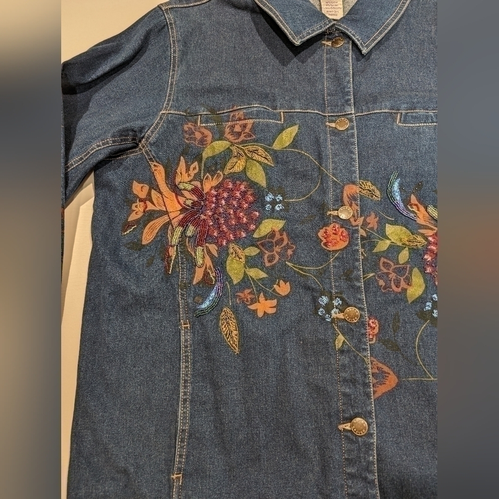Susan Graver Bohemian Beaded  Embroidered Painted Denim Chore Jacket Floral  1X - Picture 5 of 16